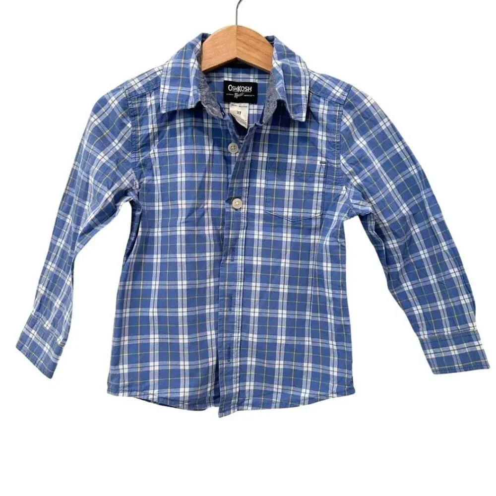 OshKosh B'gosh Long Sleeve Button Down Plaid Shirt White, Blue 2T